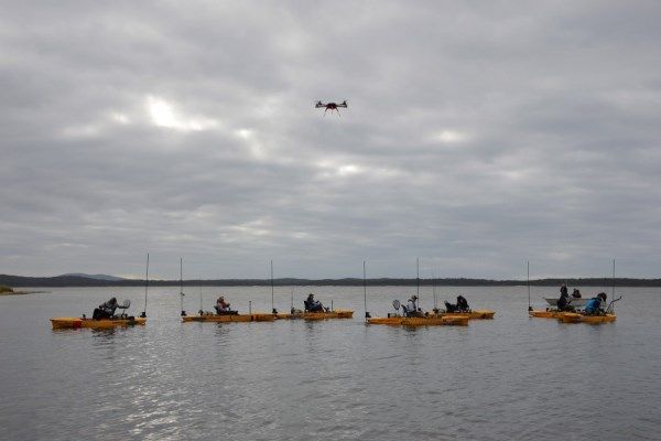 Anglers line up at the 2013 Hobie Worlds in Marlo Victoria, as a drone hovers above capture all the action