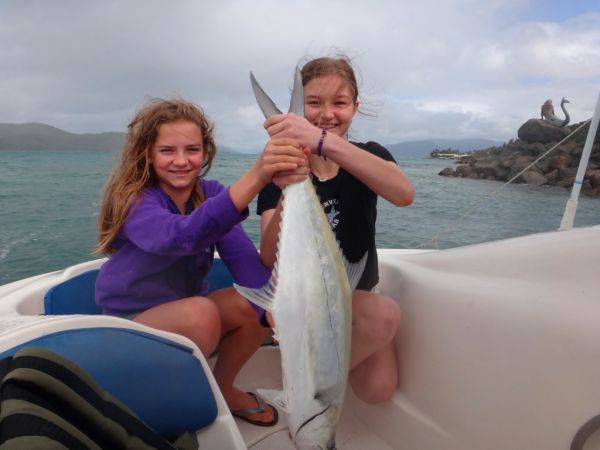 Emily and Caitlin Paxevanos with a nice Whitsundays Queenfish caught near Mermaid Point
