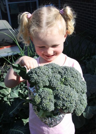 Phoebe Steele with a gigantic Brassica grown on Carp Fertilizer