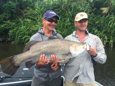 Brian Morris with one of 5 barra all around the meter mark caught in less than an hour...these were skull dragged in very quickly on the heavy black bass tackle