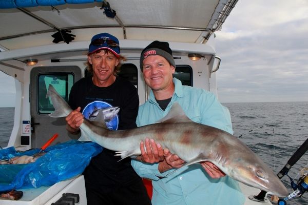 Doddy and Rob with one of the bigger School Sharks...a strong fighting and very tasty adversary.