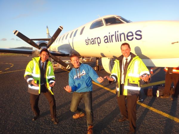Doing the 'Air Fish' with the Sharp Airlines crew in Tasmania