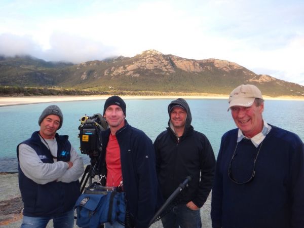 L to R Dave Henderson (cam), Stien Parrott (Audio), Corey Wilson (producer), and host James Luddington (Flinders Island Adventures)