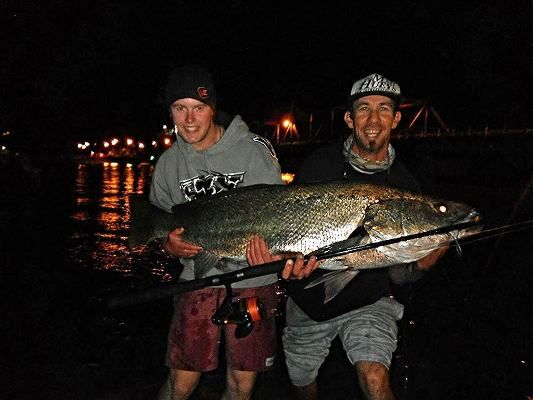 Wade Eaton and Joel Taylor with the massive Jewfish caught near the Princess Highway Bridge at Batemans Bay
